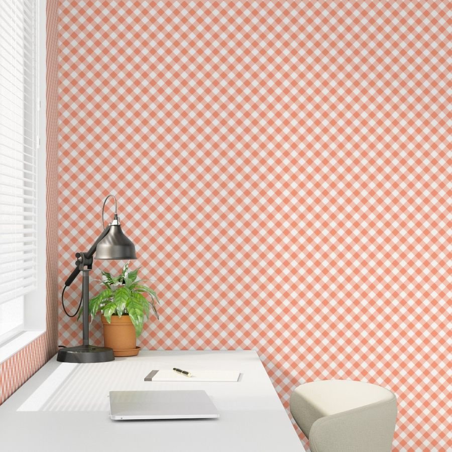 Coral Pink Gingham Check Plaid Wallpaper checkered wallpaper