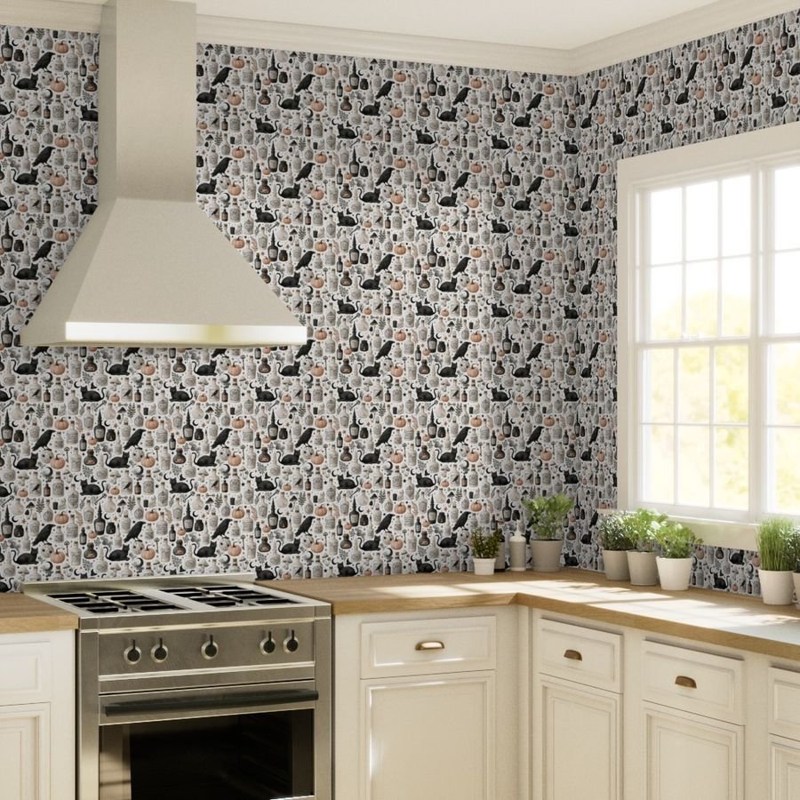 Vintage Halloween Apothecary Bottles with Black Cats Pumpkins and Wallpaper black cat wallpaper