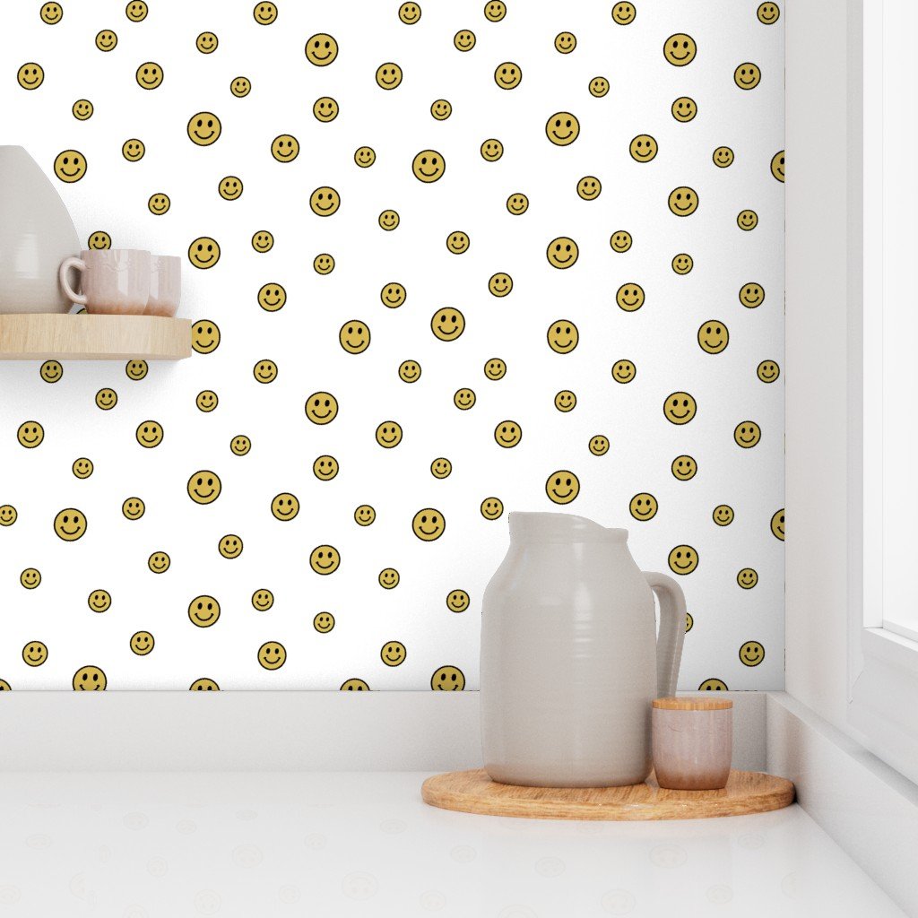 Retro Yellow Smiley Faces on White Wallpaper smiley face wallpaper