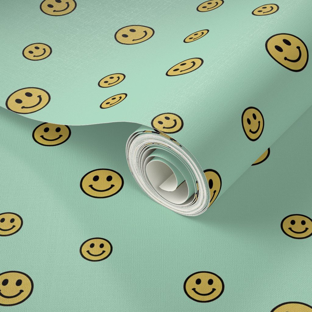 Retro Yellow Smiley Faces on Mint Green Wallpaper smiley face wallpaper