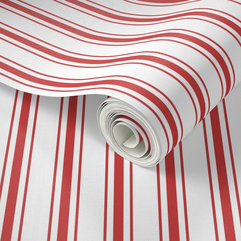 Mattress Ticking Wide Striped Pattern in Red and White Wallpaper bedding stripes wallpaper
