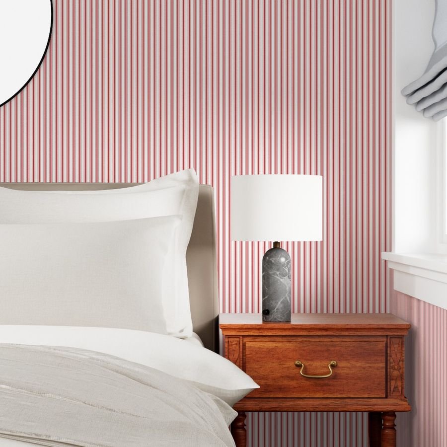 Mattress Ticking Narrow Striped Pattern in Red and White Wallpaper bedding stripes wallpaper