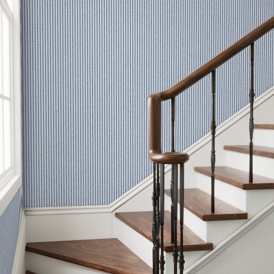 Mattress Ticking Narrow Striped Pattern in Dark Blue and White Wallpaper bedding stripes wallpaper