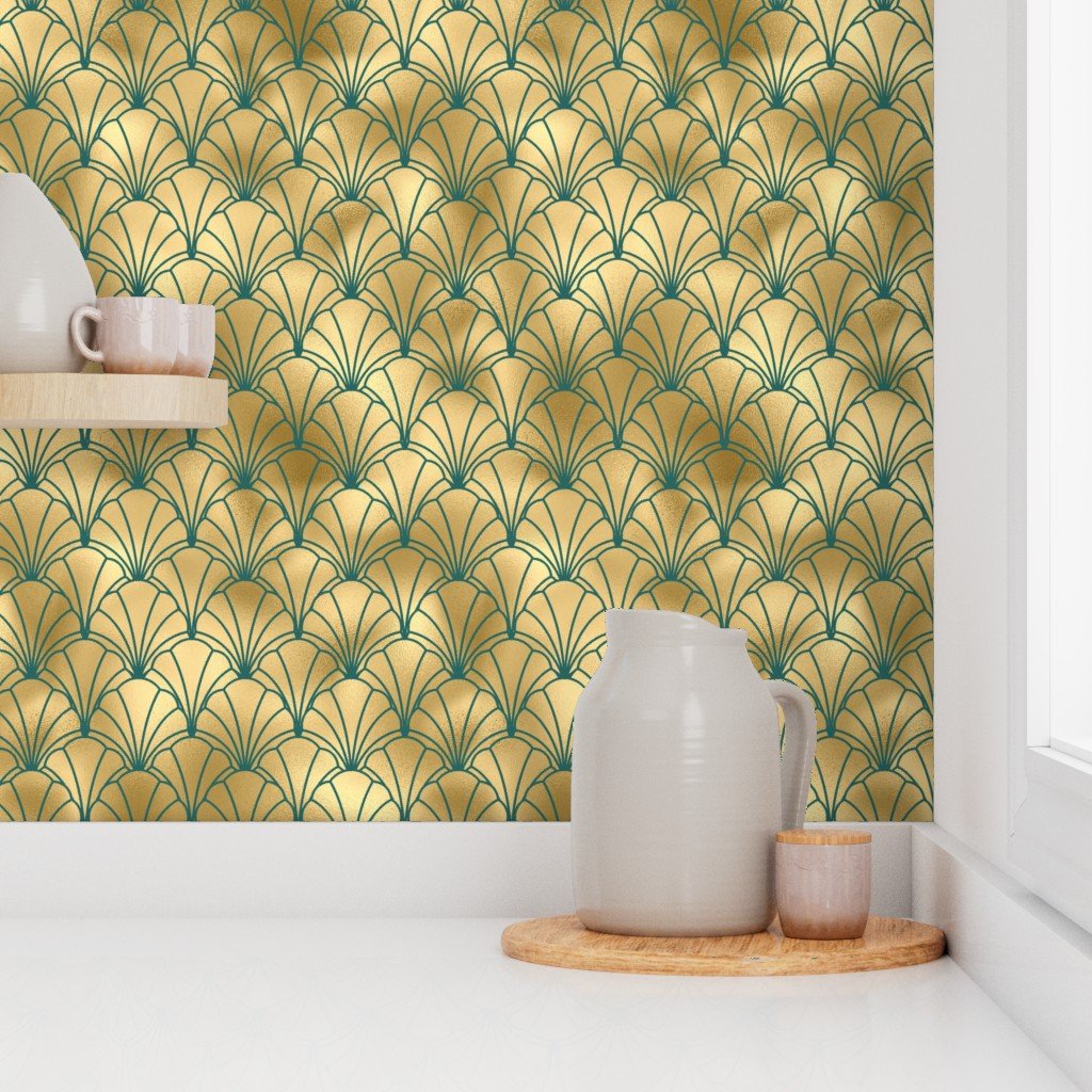Teal and Faux Gold Foil Vintage Art Deco Scallop Shell Pattern Home Decor Collection Design Collection art deco wallpaper