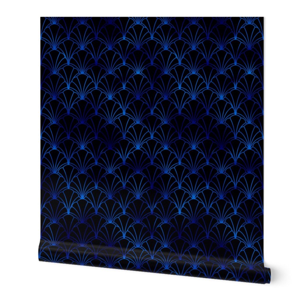 Scallop Shells in Black and Classic Blue Art Deco Vintage Faux Foil Wallpaper art deco wallpaper