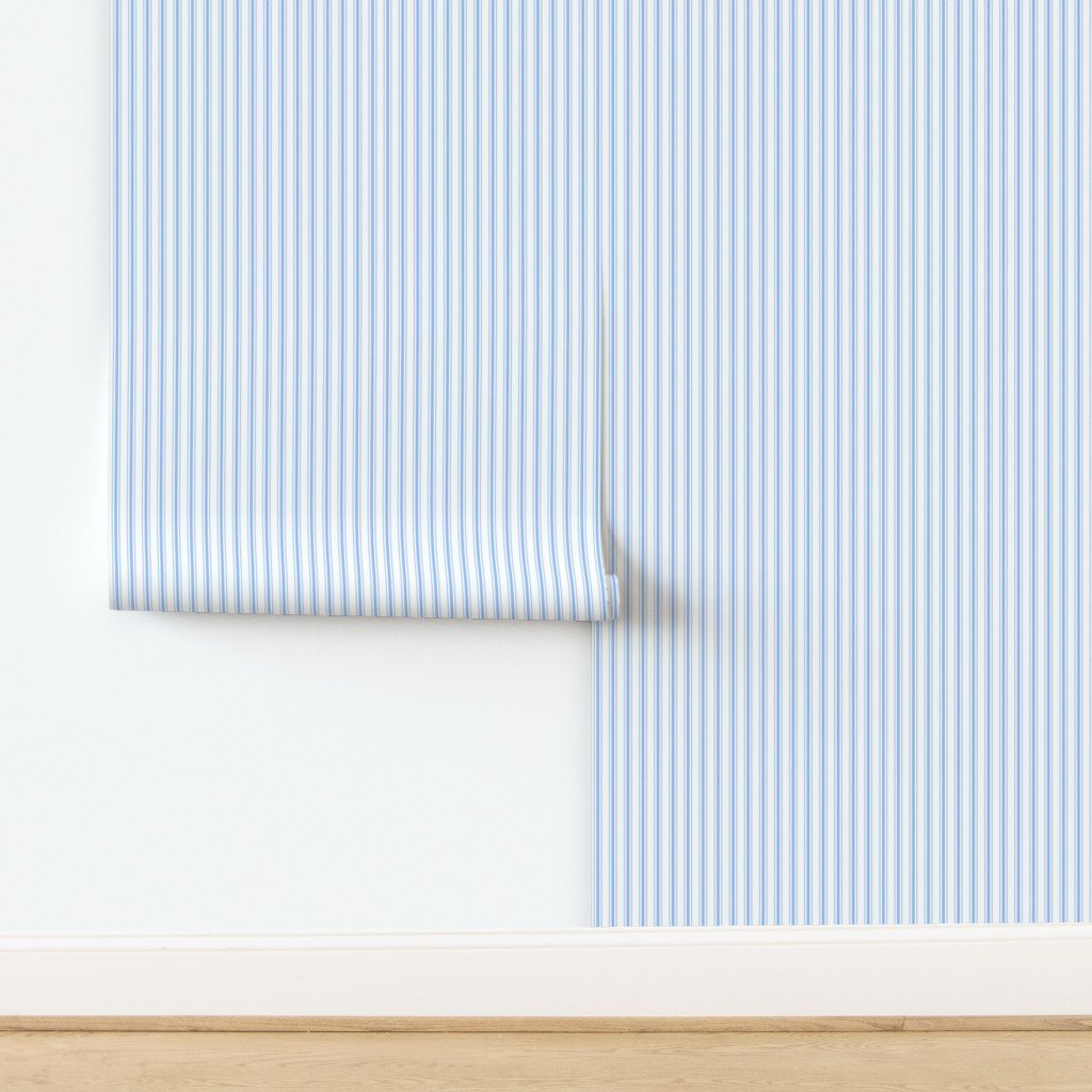 Mattress Ticking Narrow Striped Pattern in Pale Blue and White Wallpaper design
