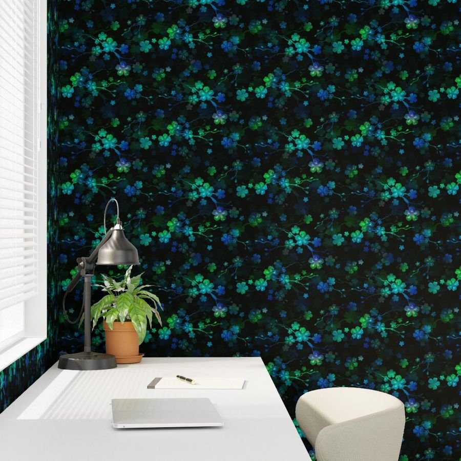 Bright Neon Green and Blue Cherry Blossom Flowers and Vines Wallpaper pastel flowers wallpaper
