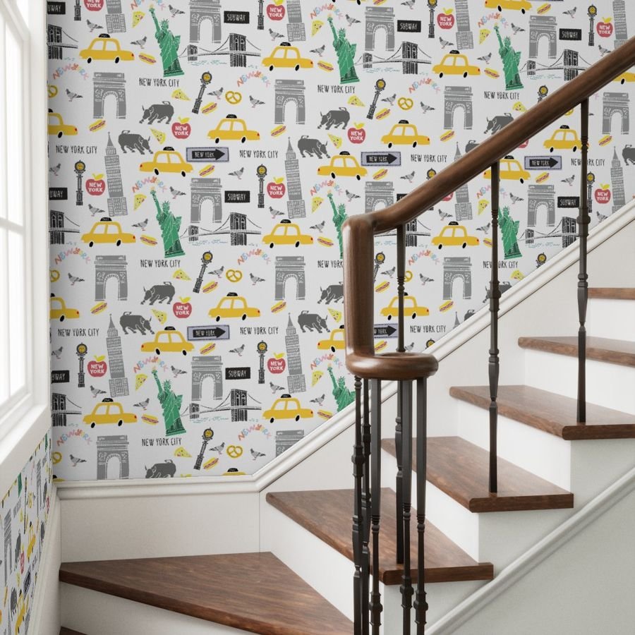 New York City Handdrawn Motifs Empire State Statue of Liberty Yellow Wallpaper brooklyn bridge wallpaper