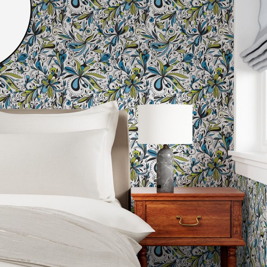 Floral Doodles Seamless Repeat Pattern in Blue and Green Wallpaper blue flowers wallpaper