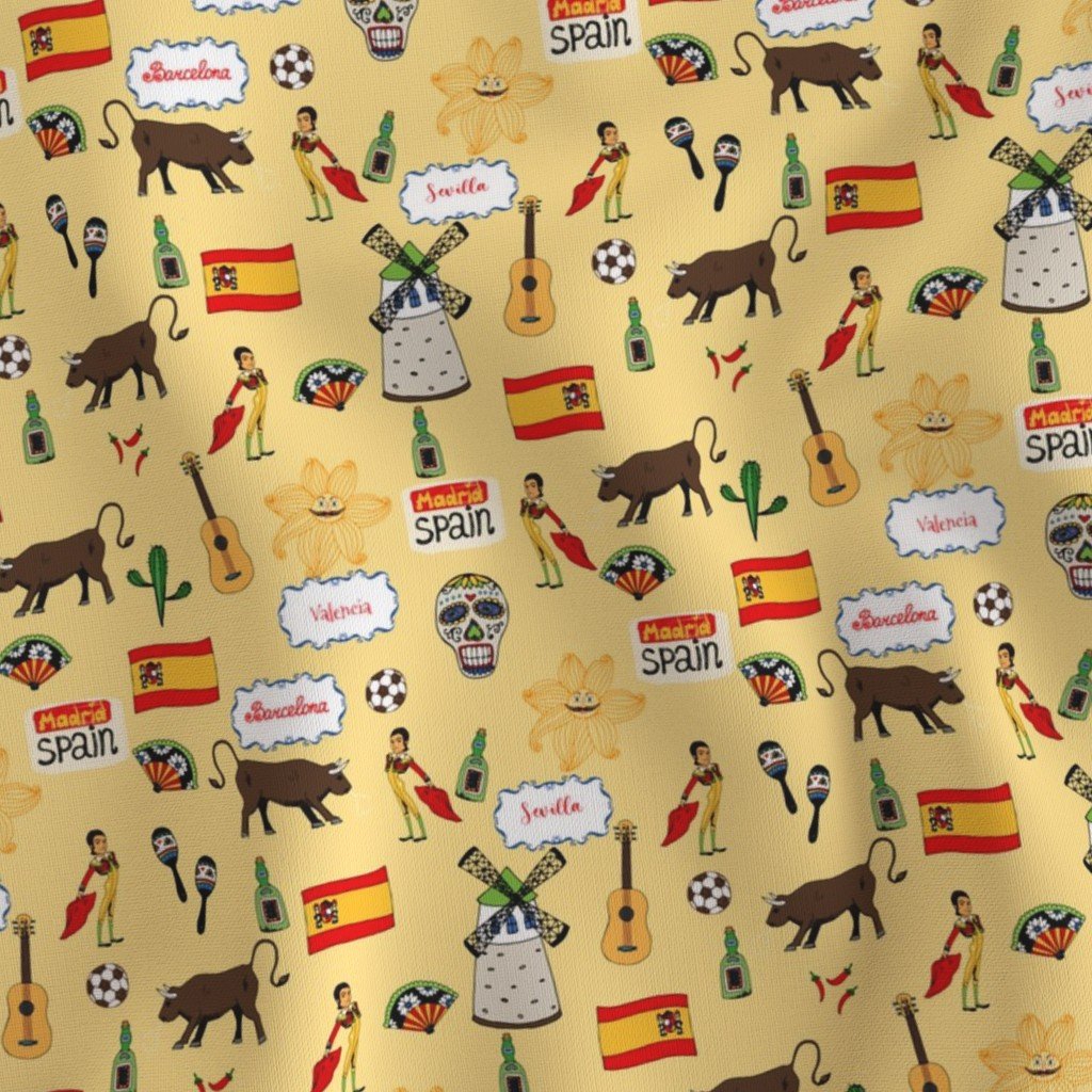 Spain Handdrawn Motifs Matador Windmill Bull Maracas Football Fabric bull fabric