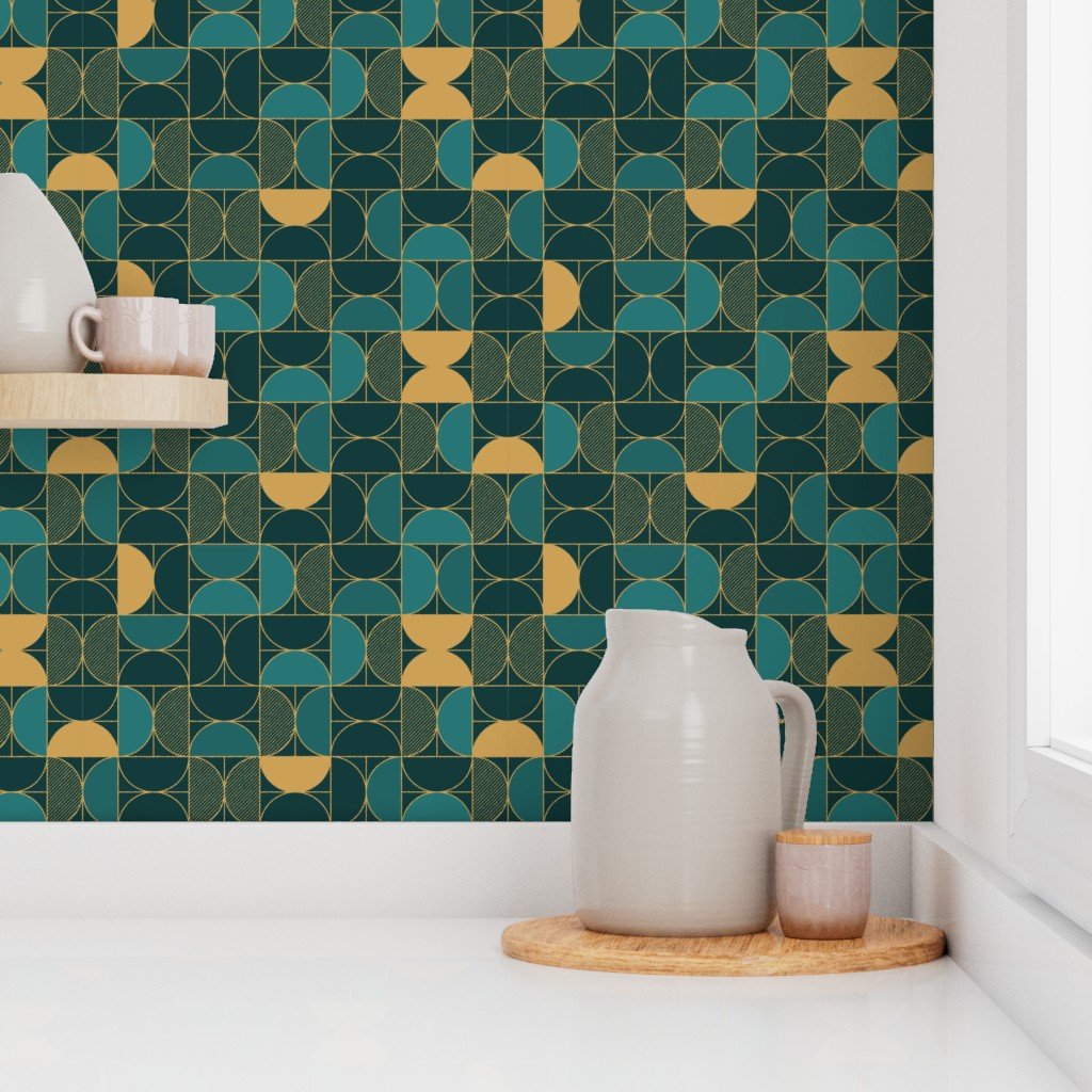 Bold Art Deco Geometric Demi-Circles in Faux Metallic Gold and Brown Wallpaper faux gold wallpaper