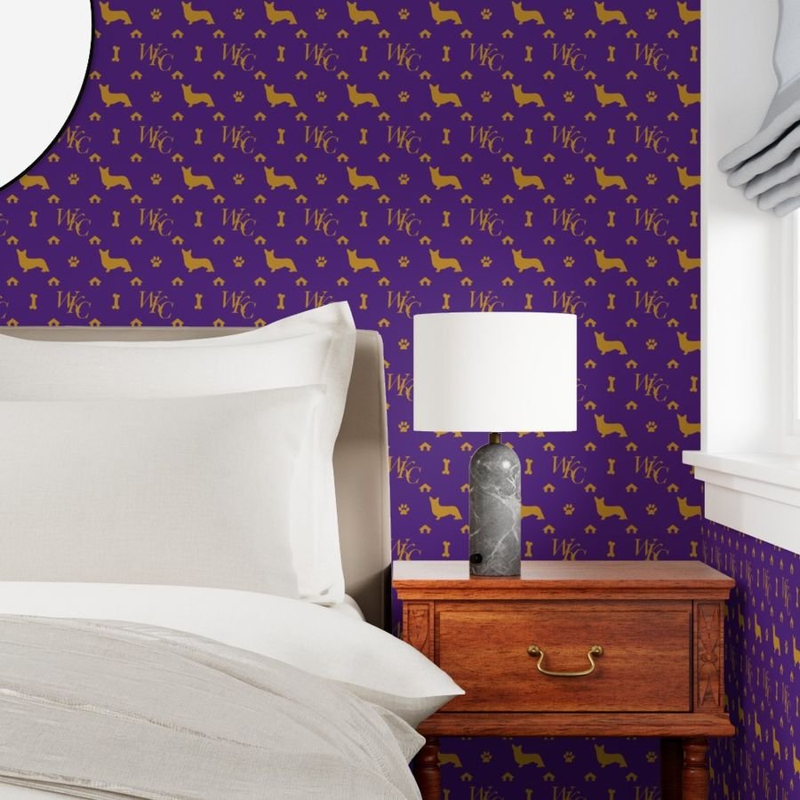 WKC Cardigan Corgis on Purple and Gold Wallpaper corgi print wallpaper