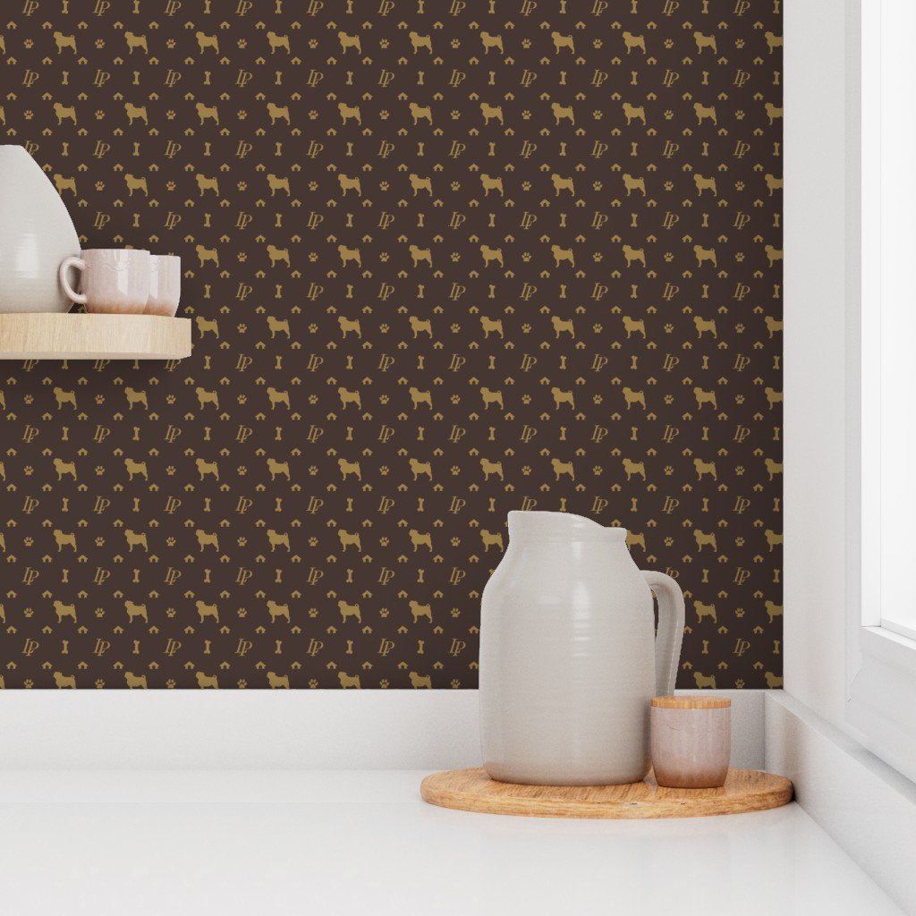 Louis Pug Face Luxury Dog Smaller Pattern in Tan on Brown Wallpaper dog print wallpaper