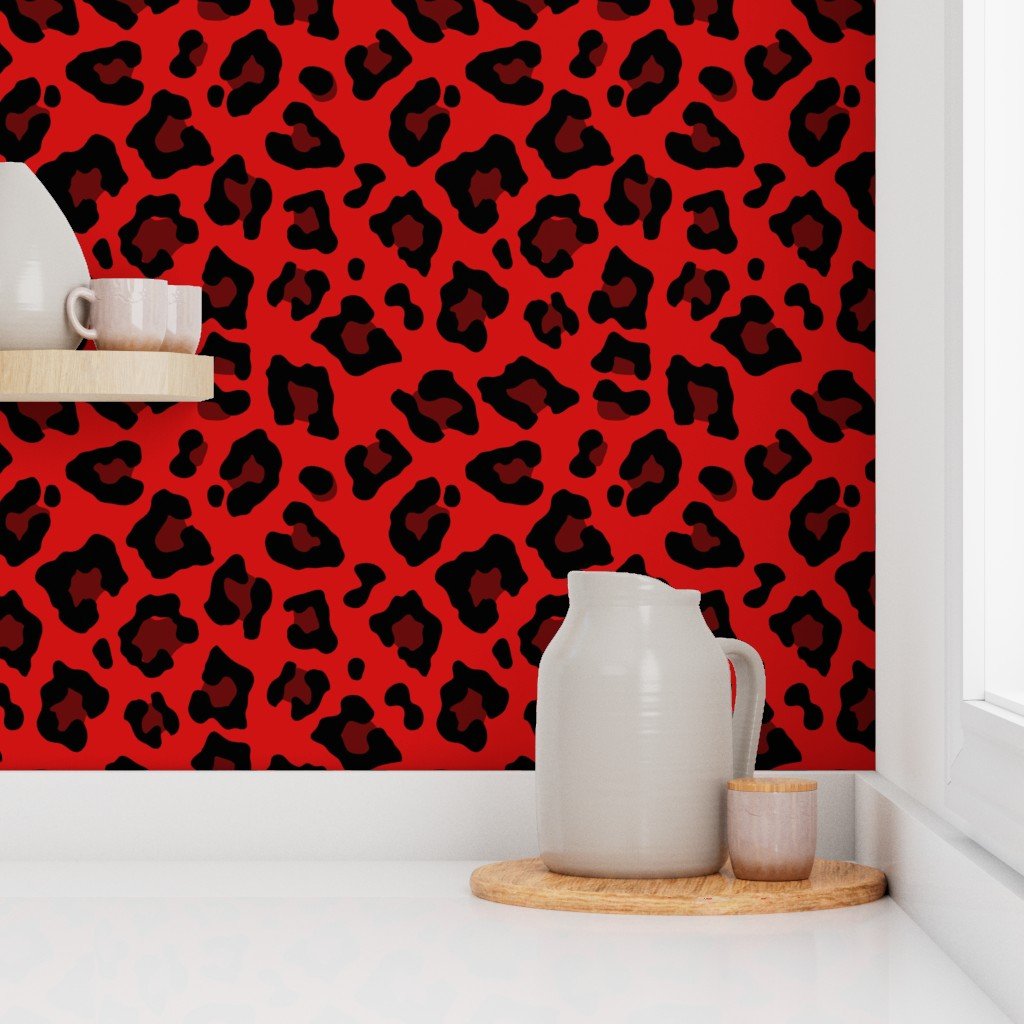 Jumbo Leopard Spots Animal Repeat Pattern Print in Red and Black Wallpaper animal pattern wallpaper