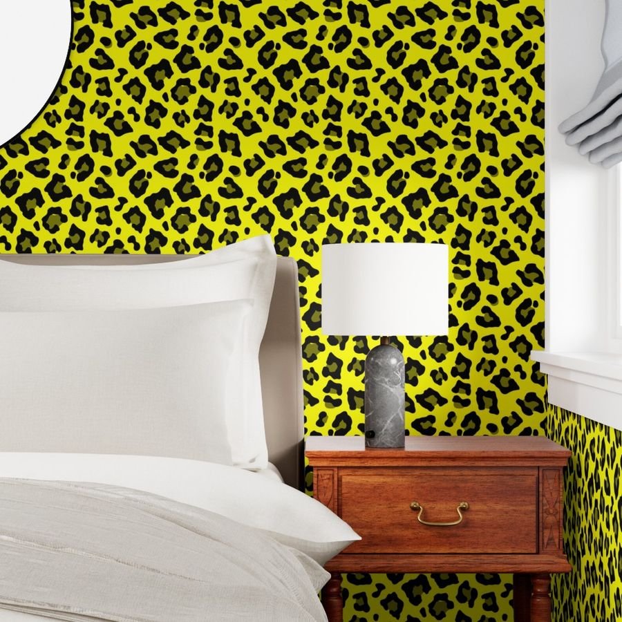 Jumbo Leopard Spots Animal Repeat Pattern Print in Yellow and Black Wallpaper animal pattern wallpaper