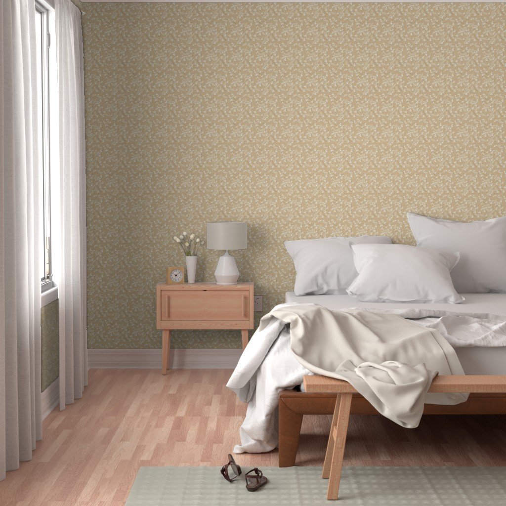 Christmas Beige and White Small Holly and Mistletoe Repeat on Pale Wallpaper beige and white wallpaper