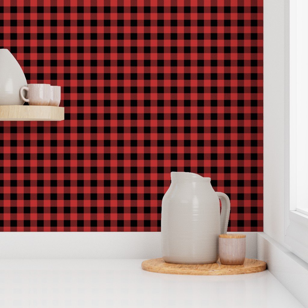 Christmas Holly Berry Red and Black Buffalo Check 1 inch Wallpaper red and black wallpaper