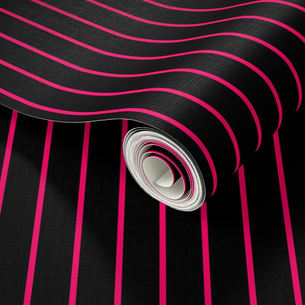 Classic wider 1 Inch Bright Hot Pink Pinstripe on a Black Background Wallpaper black stripe wallpaper