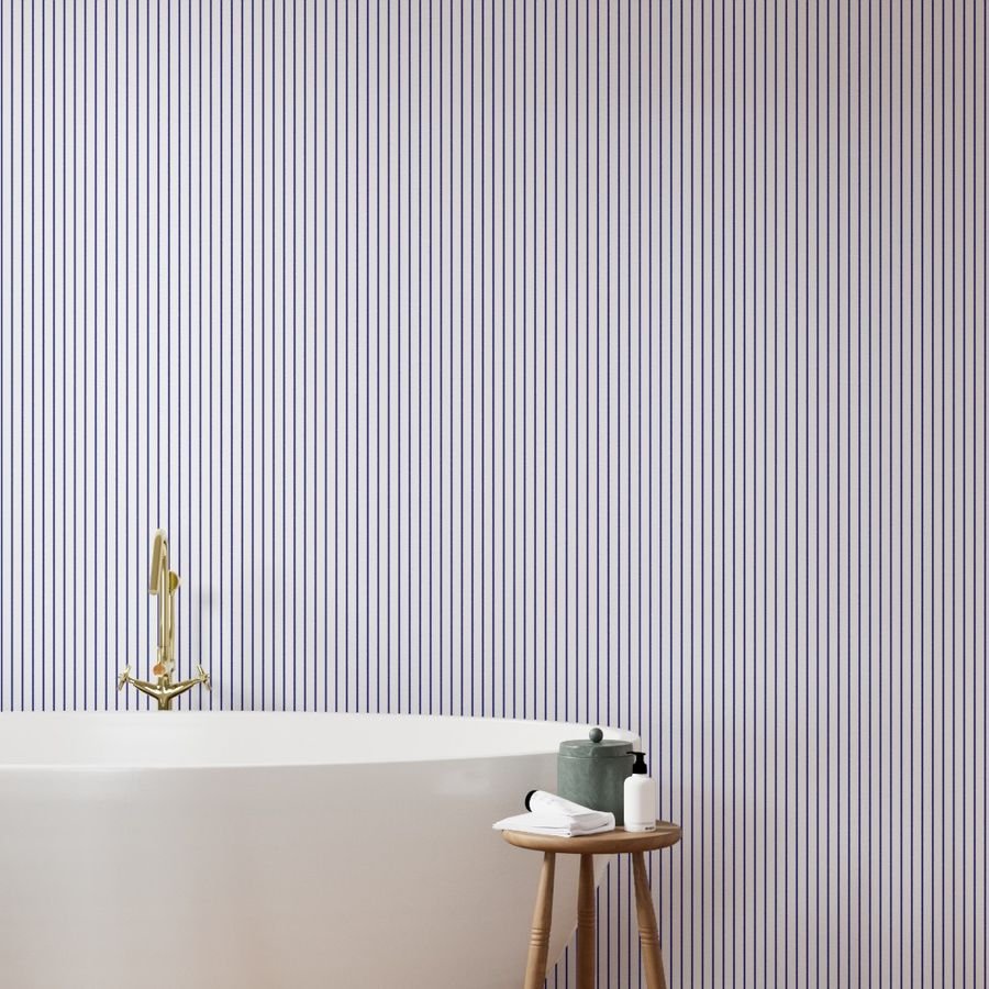 Classic wider 1 Inch Navy Blue Pinstripe on a Blue Background Wallpaper narrow stripes wallpaper