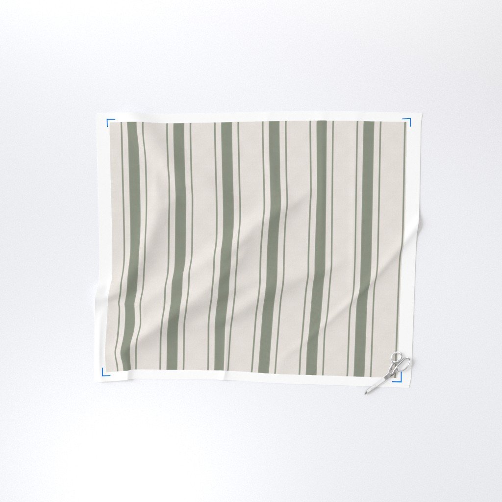 Fern Green Antique Vintage Mattress Ticking Stripe on Cream Fabric faux linen fabric