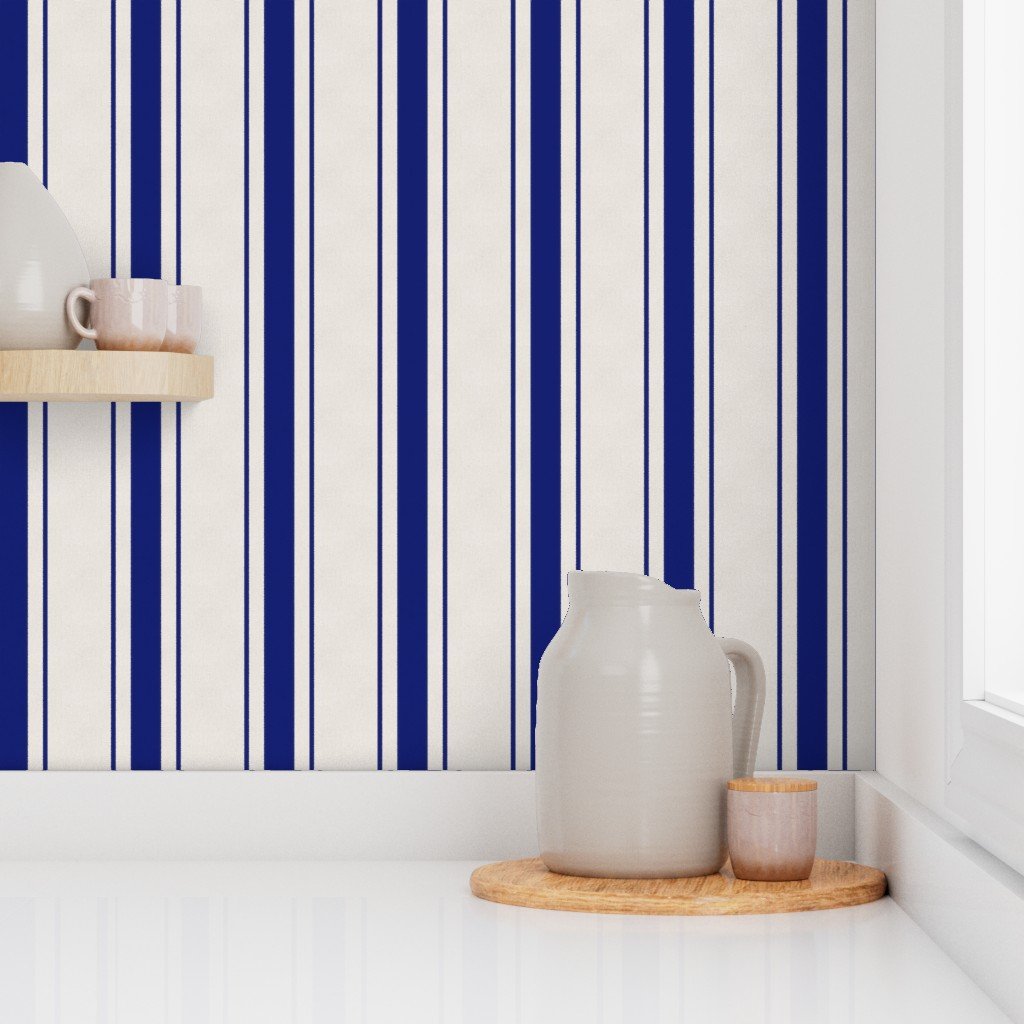 Navy Blue Antique Vintage Mattress Ticking Stripe on Cream Wallpaper blue and cream wallpaper