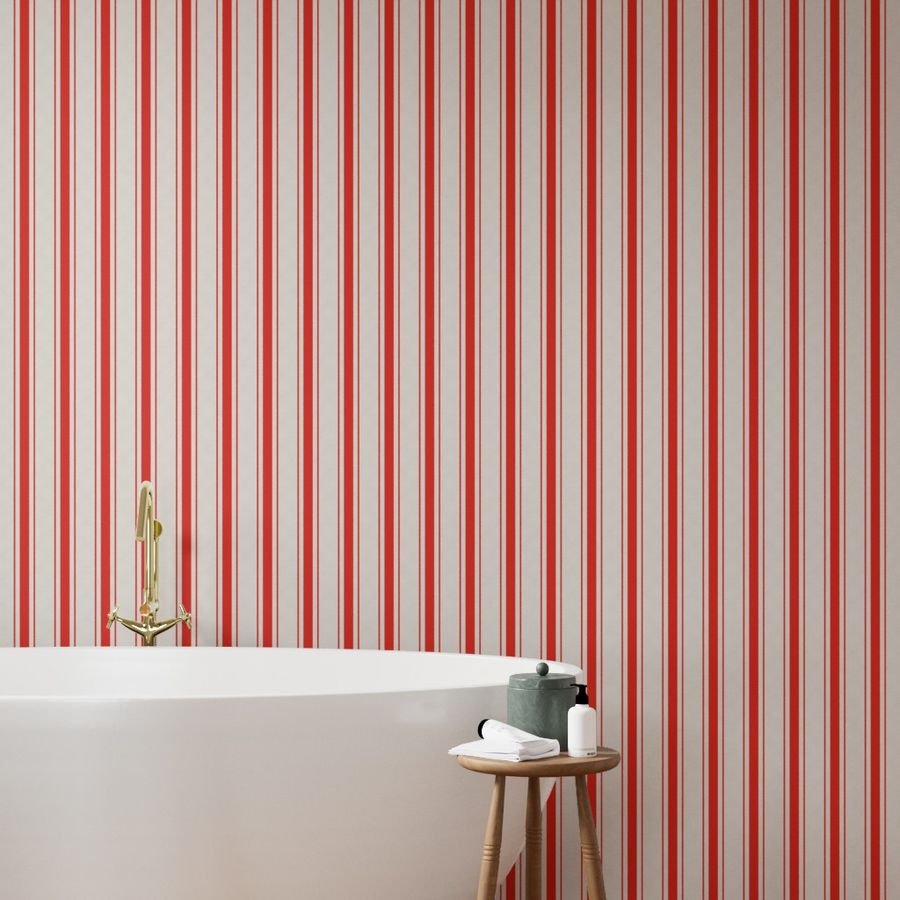 Garnet Red Antique Vintage Mattress Ticking Stripe on Cream Wallpaper distressed textile wallpaper