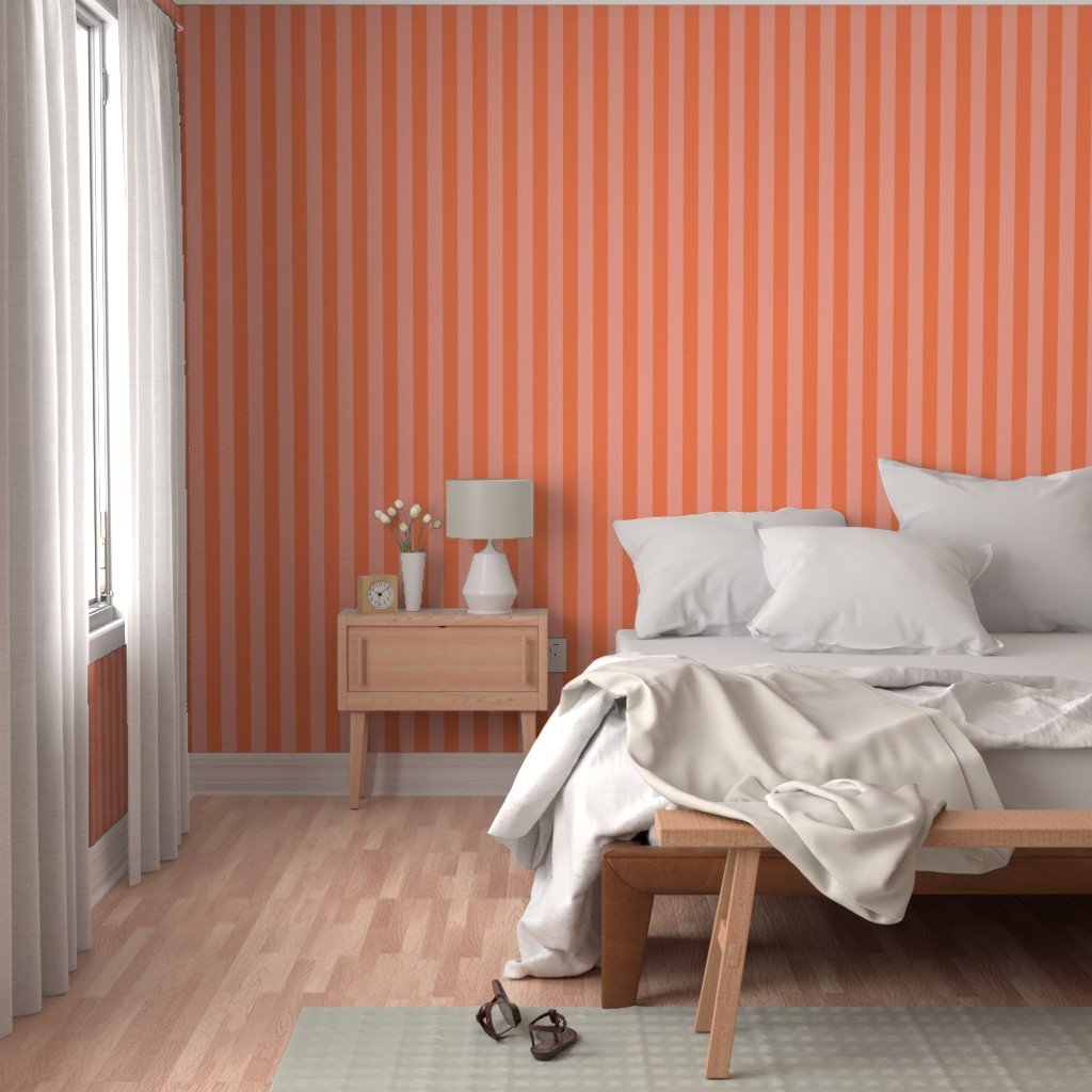 Sunset Coral and Tonal Coral 2 Inch Vertical Cabana Stripes Wallpaper 2 inch wallpaper
