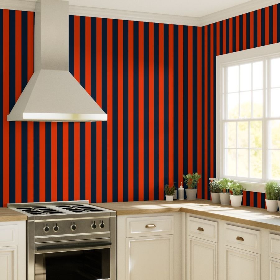 3 Inch Vertical Navy and Orange Cabana Stripes Wallpaper bright orange wallpaper
