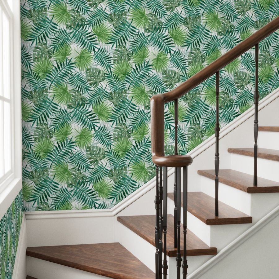 Large Green Fern Palm and Monstera Tropical Plants Wallpaper monstera leaves wallpaper