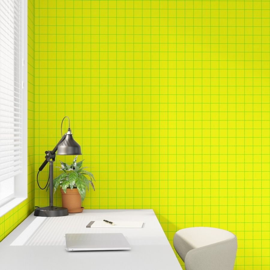 Green on Yellow on Lemon and Lime Grid 2 inch Wallpaper neon brights wallpaper