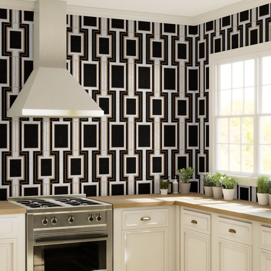 Jumbo Art Deco Geometric Rectangles in Cracked Black and Faux Gold Wallpaper black and white wallpaper