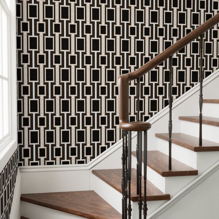 Small Art Deco Geometric Rectangles in Cracked Black and Faux Gold Wallpaper cracked eggshell wallpaper