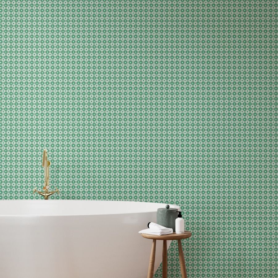 Kelly and White Gingham Check with Center Shamrock Medallions in Wallpaper shamrock medallion wallpaper