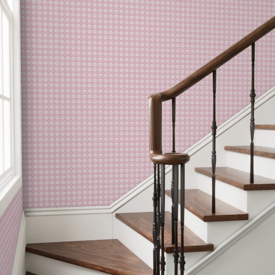 Cotton Candy and White Gingham Valentines Check with Center Heart Wallpaper cotton candy check wallpaper
