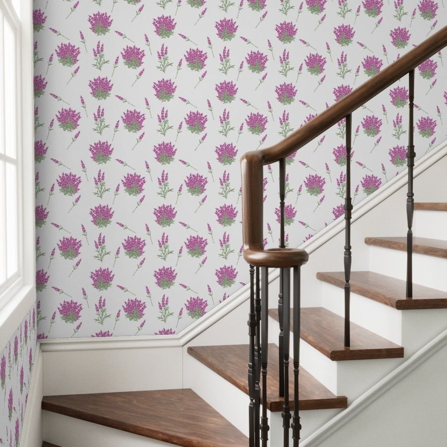 Pink Floral Sprig on White Wallpaper lavender flowers wallpaper