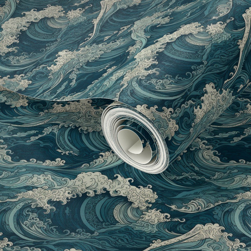 Japanese Woodcut Big Tsunami Waves in Shades of Blue Wallpaper japan wave wallpaper