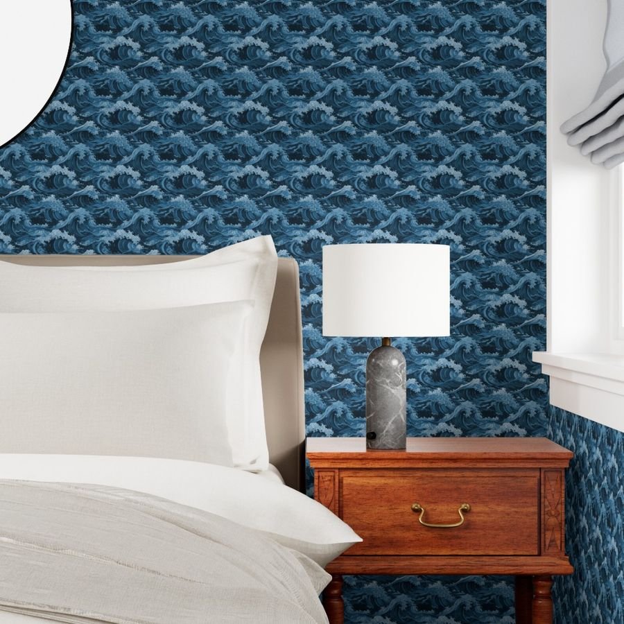Japanese Woodcut Big Tsunami Waves in Shades of Mid-Blue Wallpaper big wave wallpaper