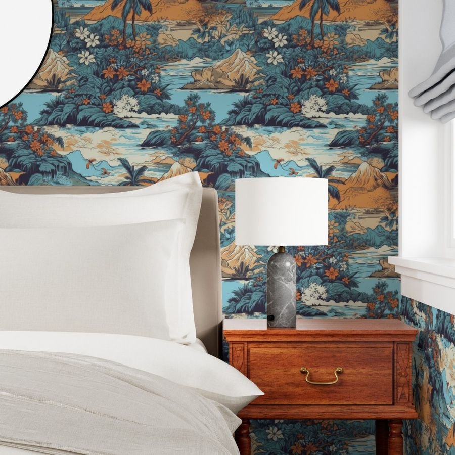 Vintage Hawaiian Landscape Blue Wallpaper hawaiian landscape wallpaper