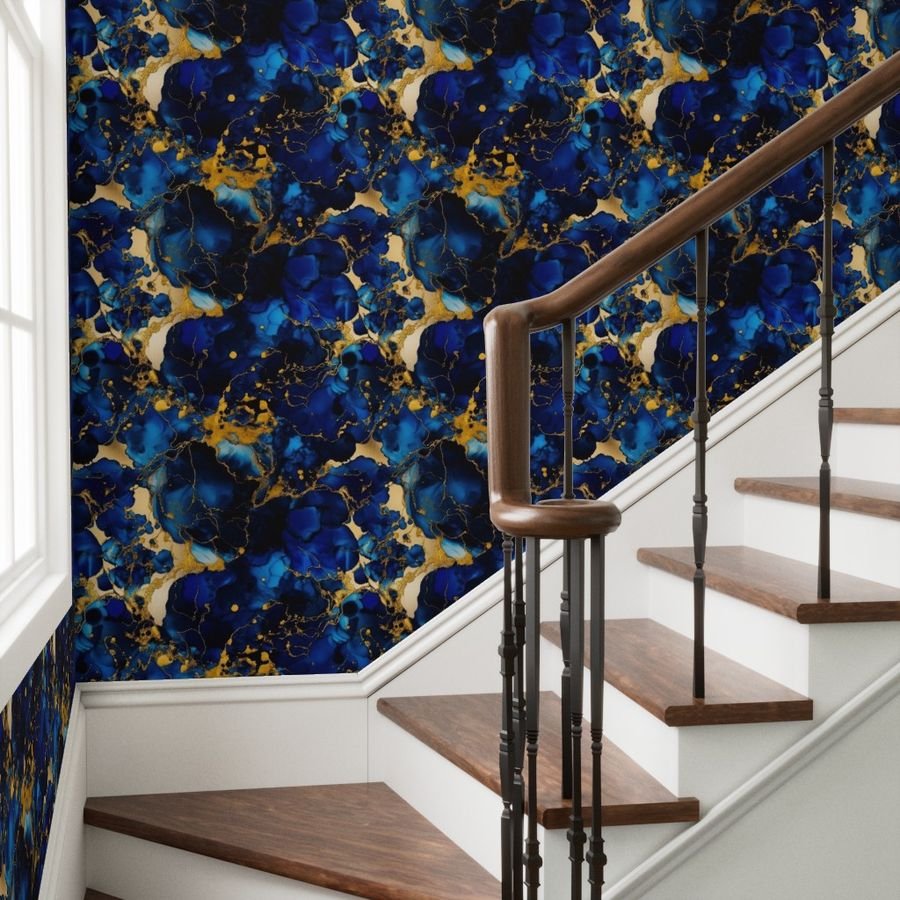 Cobalt Blue and Gold Alcohol Ink 2 Wallpaper gold metallic ink wallpaper