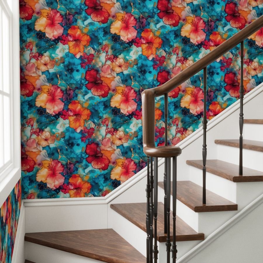 Hawaiian Alcohol Ink Wallpaper floral pattern wallpaper