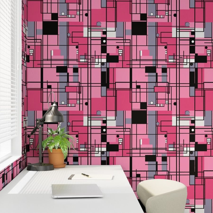 De Stijl Geometric Color Pattern in Pink Wallpaper bold pattern wallpaper