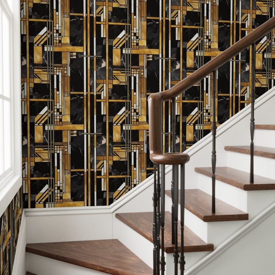 De Stijl Geometric Art Deco Pattern in Black and Gold Wallpaper black and gold wallpaper