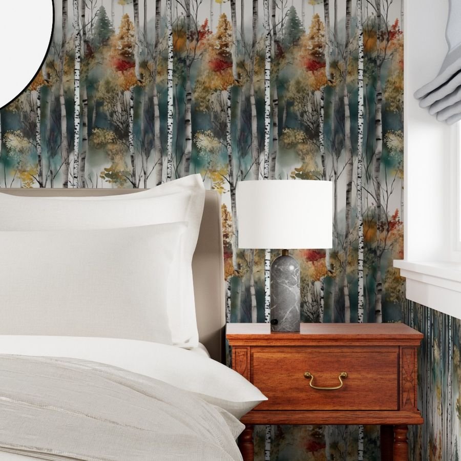 Endless Birch Tree Dreamscape Trees in Misty Forest Watercolor Wallpaper birch tree wallpaper