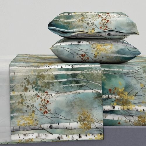 Endless Birch Tree Dreamscape Trees in Misty Forest Watercolor Design Collection Home Decor Collection tree repeat sheet set design