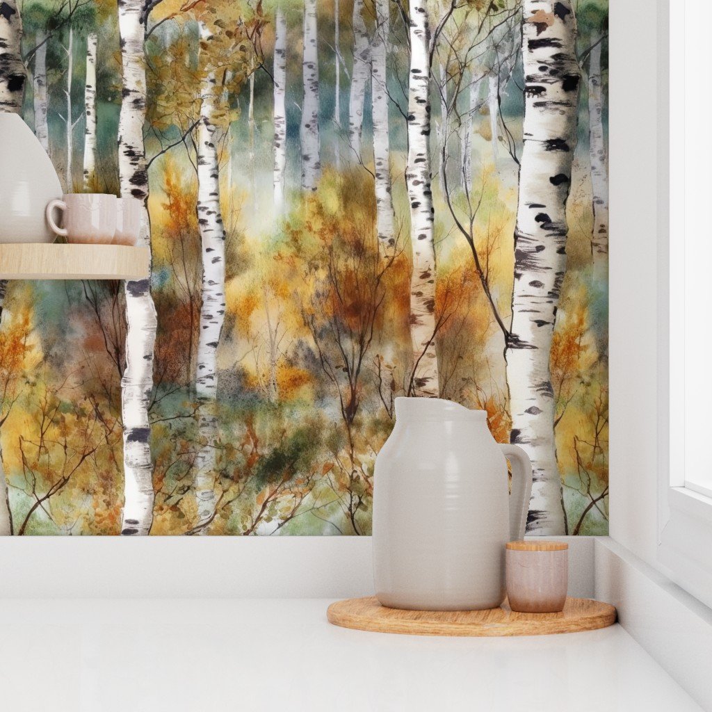Endless Birch Tree Dreamscape Trees in Misty Forest Watercolor Wallpaper birch trees wallpaper