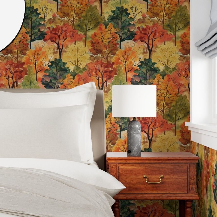 Watercolor of New England Endless Forest Fall Trees Wallpaper fall garden wallpaper