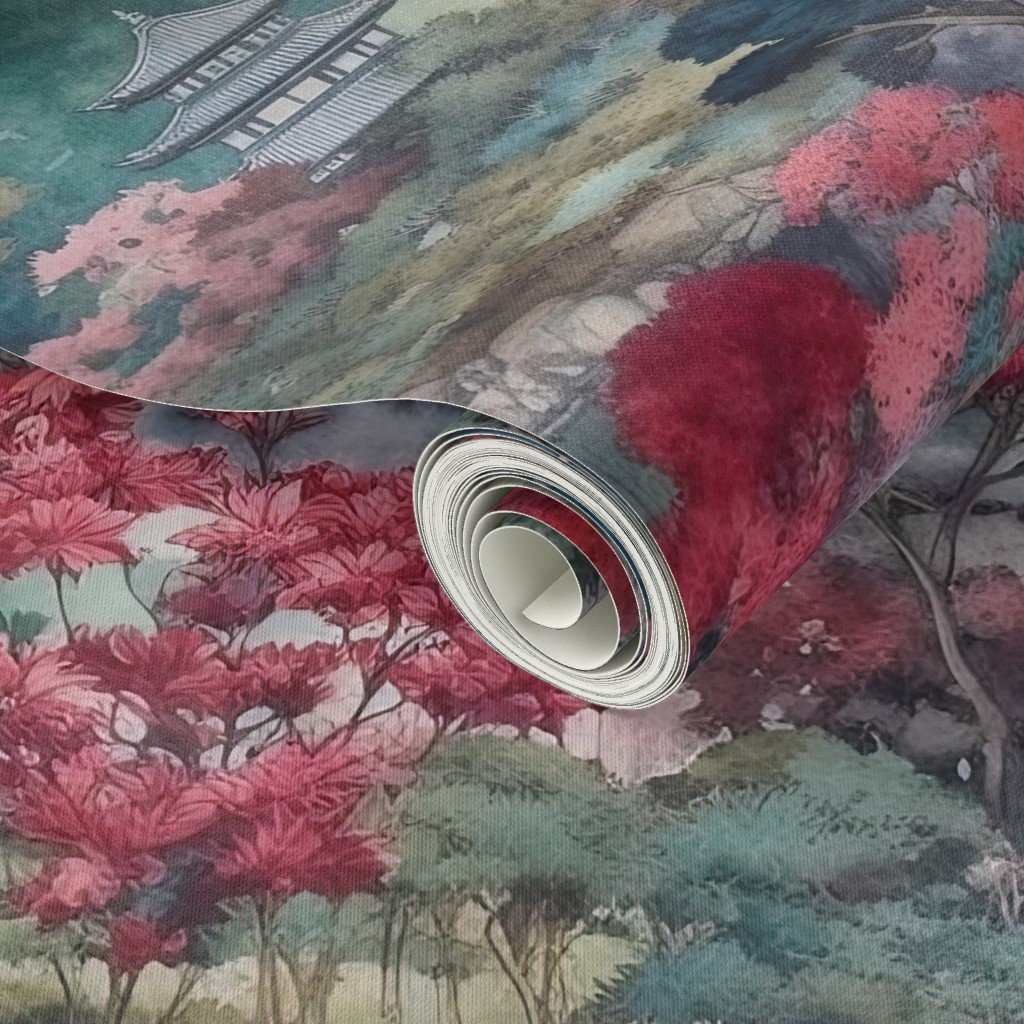 Japanese Water Garden Watercolor with Temples Wallpaper oriental gardens wallpaper