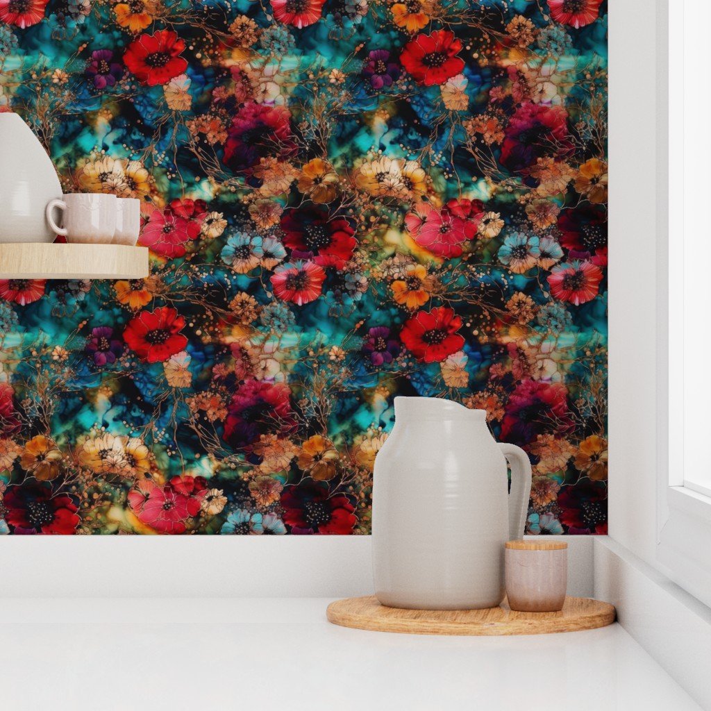 Small Japanese Alcohol Ink Wallpaper floral pattern wallpaper