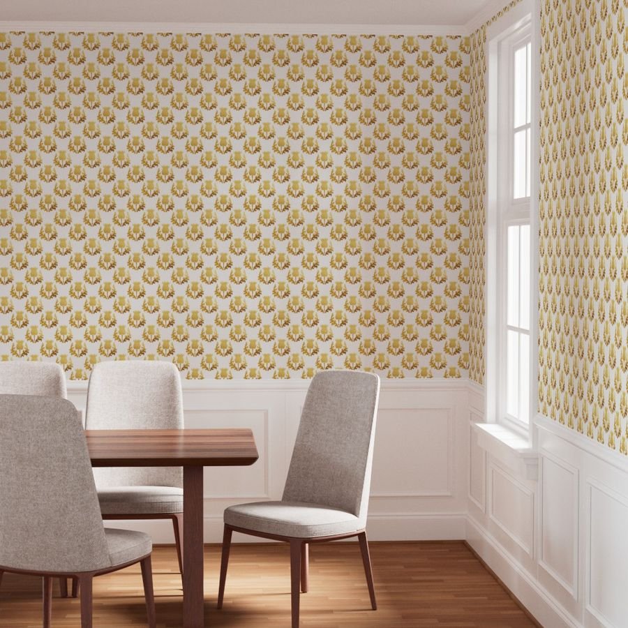 Large Scottish Thistle Flower of Scotland Gold on White Wallpaper gold thistle wallpaper