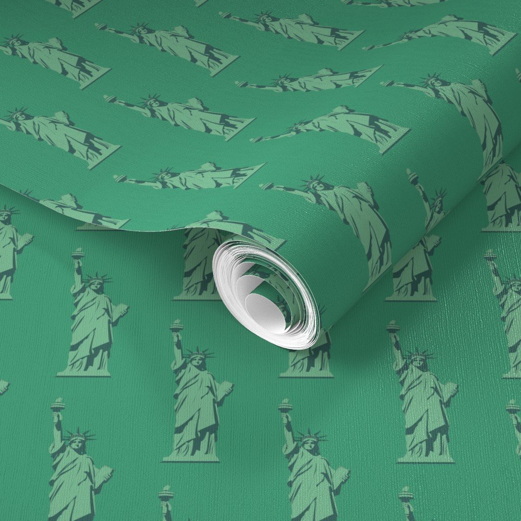 Mini Lady Liberty Statues Repeat in Beguiling Green Wallpaper green copper wallpaper